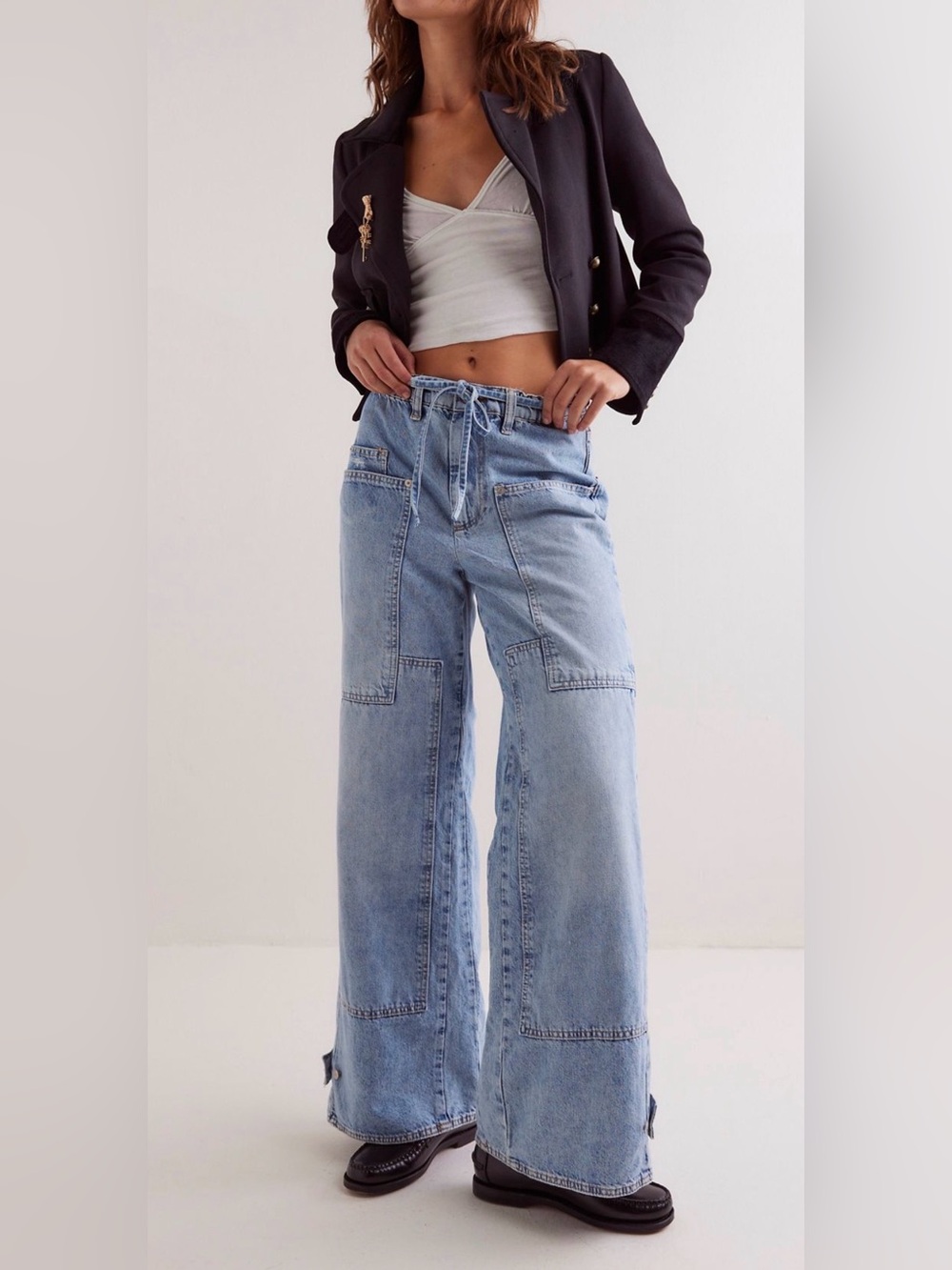 Free People CRVY Outlaw Wide Leg Jeans Distressed Pockets Drizzle Blue Sz L